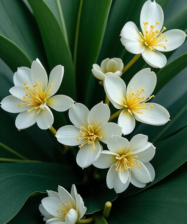 Close-up of exotic leaves and flowers arranged with geometric precision.