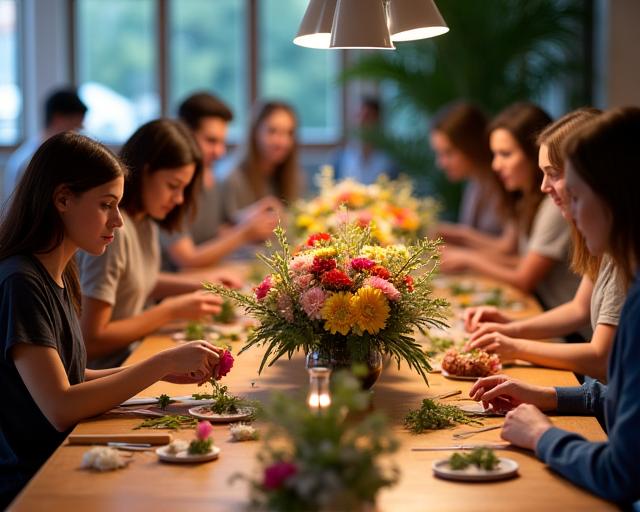People engaged in a floral arrangement workshop at a large wooden table.