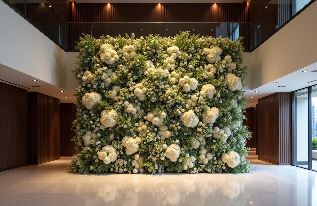 A large, artistic floral installation by Geometric Gardens in a modern lobby.